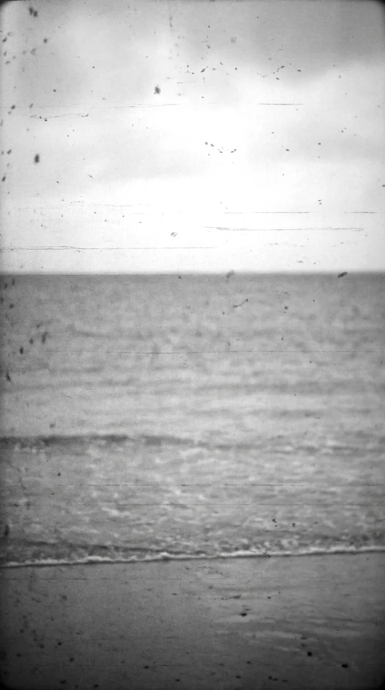 静かな海と波打ち際のモノクロ写真