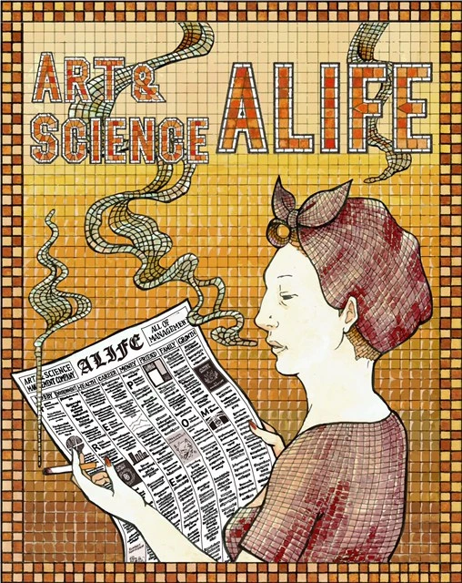 新聞を読む女性を描いたALIFEのモザイク画